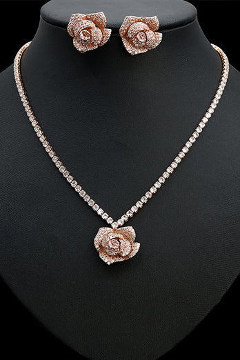 Rose Form Rhinestone øredobber Halskjede smykker Set