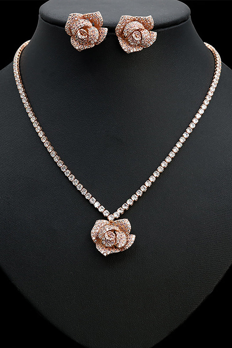 Load image into Gallery viewer, Rose Form Rhinestone øredobber Halskjede smykker Set