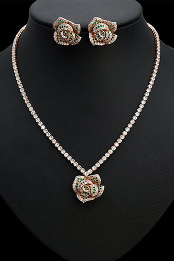 Rose Form Rhinestone øredobber Halskjede smykker Set