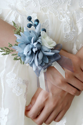 Grey Blue Wrist Corsage og Men Boutonniere satt for Prom Wedding Party