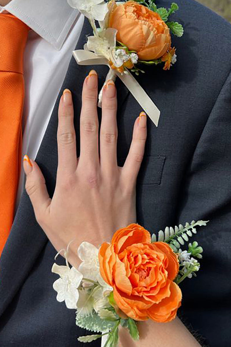 Load image into Gallery viewer, Orange håndleddet Corsage og menn Boutonniere satt for Prom bryllupsfest