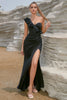 Load image into Gallery viewer, Havfrue en skulder ruffle svart formell kjole med høy spalt