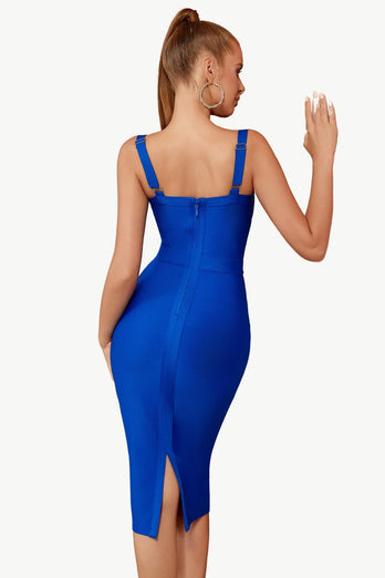 Royal Blue Bodycon Spaghetti stropper Midi formell kjole med spalt