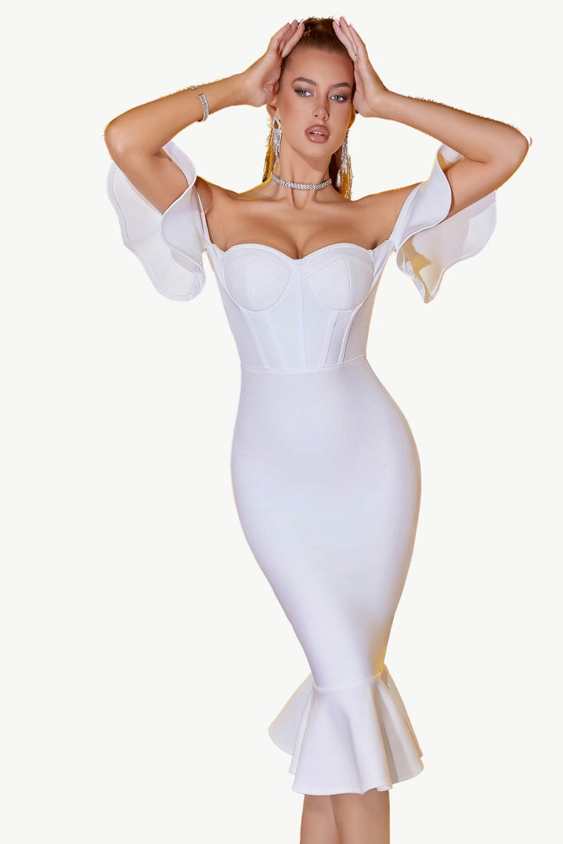 Load image into Gallery viewer, Hvit bodycon av skulderen midi formell kjole med volanger