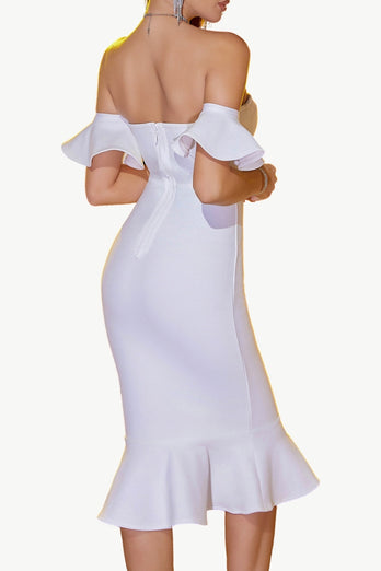 Hvit bodycon av skulderen midi formell kjole med volanger