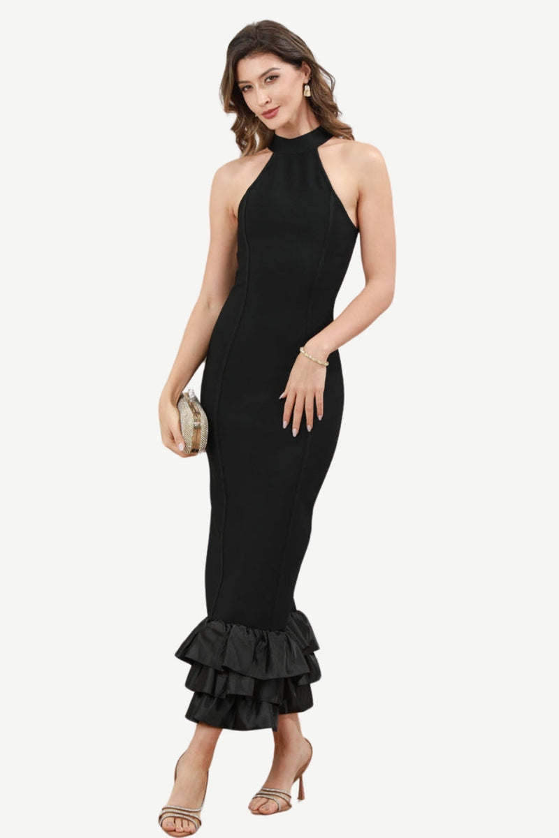 Load image into Gallery viewer, Halter Black Midi Party Dress med Slit