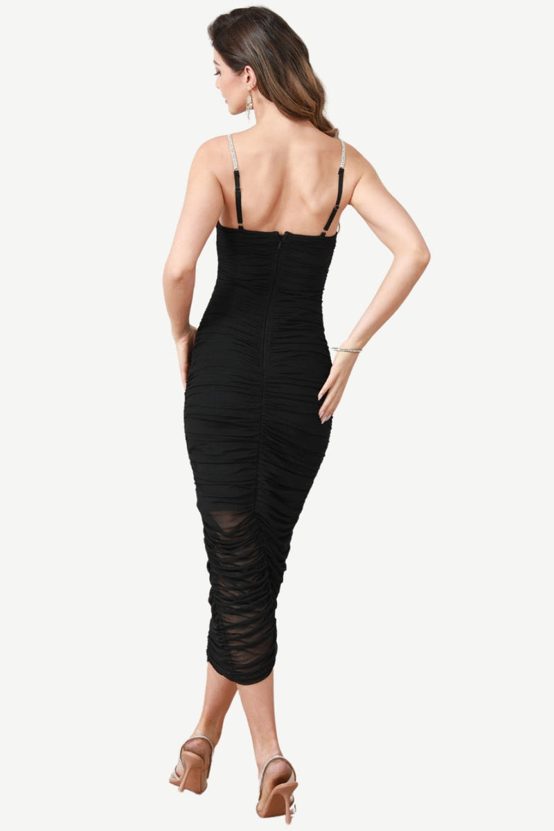 Load image into Gallery viewer, Spaghetti stropper Svart Midi Party kjole med plissert