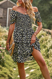 Av skulderen Black Floral Print Summer Dress