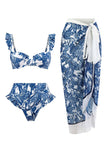 3 Piece Blue Printed Bikini Set Tie Beach Dress