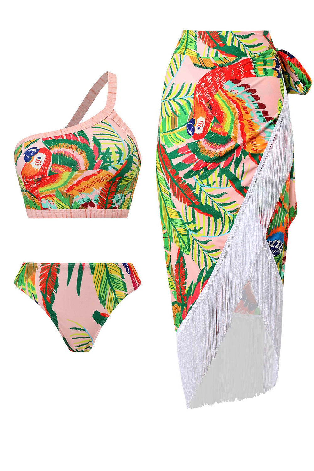 Orange 3 Piece Printed Bikini Set med Tassel Beach Dress