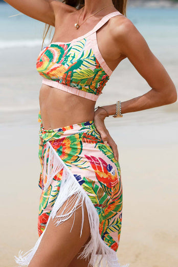 Orange 3 Piece Printed Bikini Set med Tassel Beach Dress