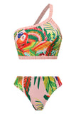 Orange 3 Piece Printed Bikini Set med Tassel Beach Dress