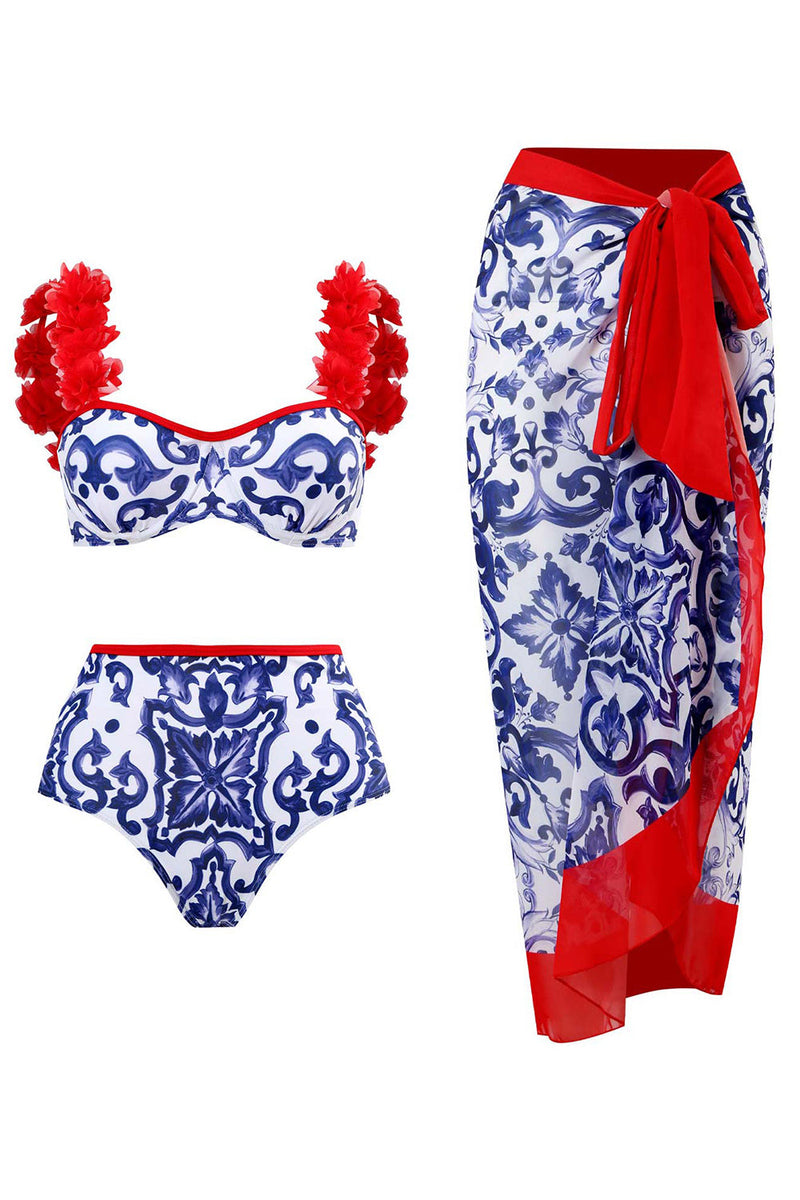 Load image into Gallery viewer, 3 stk blått og hvitt porselen utskrift badetøy sett med Beach Dress