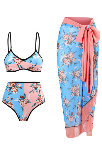 Floral Trykt 3 Piece Bikini Set med Beach Skirt