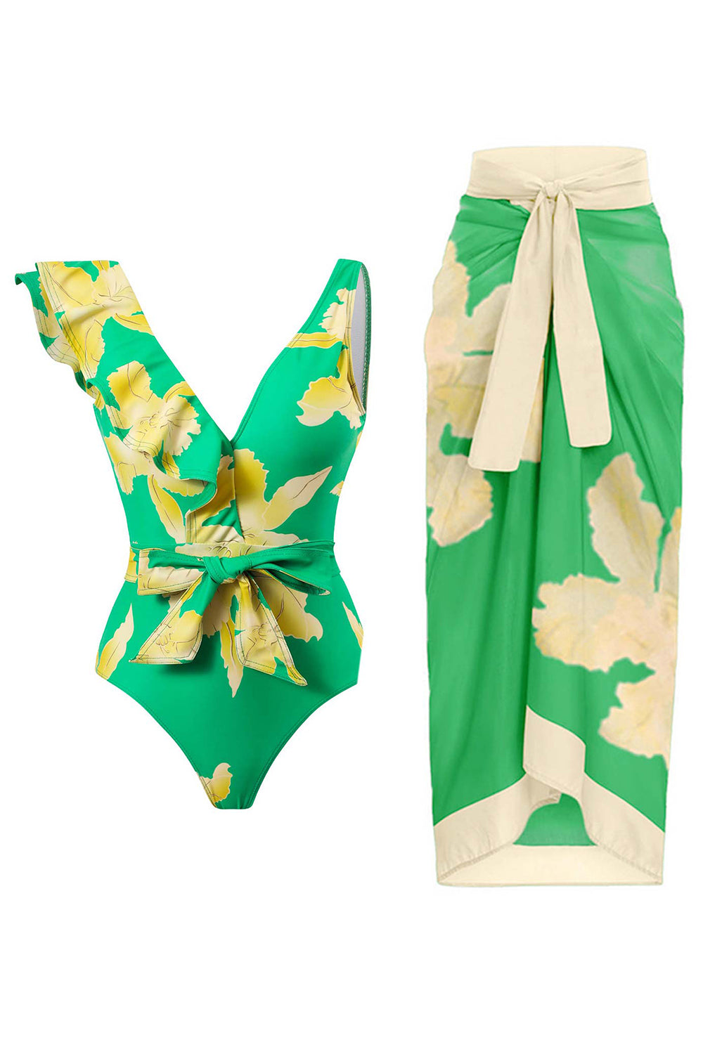 To Piece Trykt Green Bikini Set med Beach Skirt