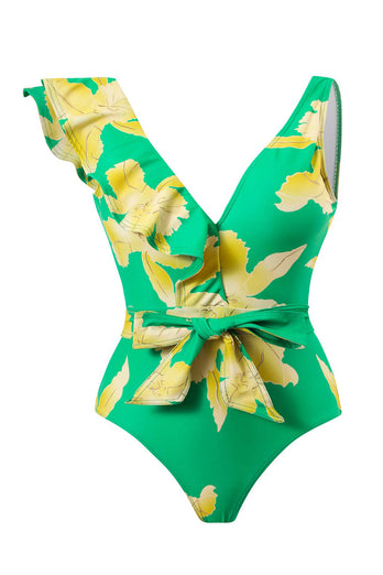 To Piece Trykt Green Bikini Set med Beach Skirt