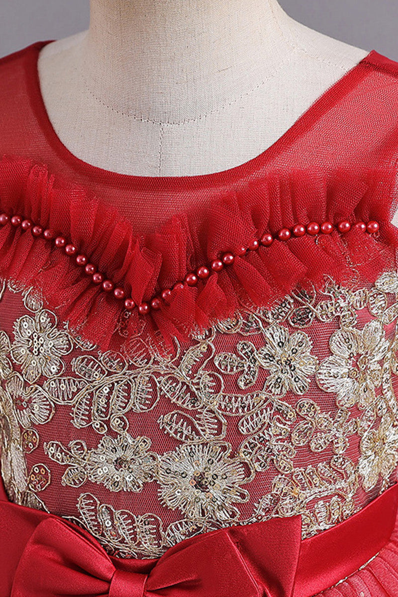 Load image into Gallery viewer, Red A Line Beaded Girls &#39;kjole med bue