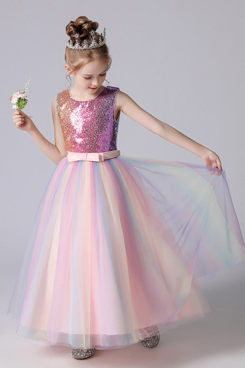 Load image into Gallery viewer, A-Line Sparkly Pink Paljetter Kids Girls &#39;kjole med buer