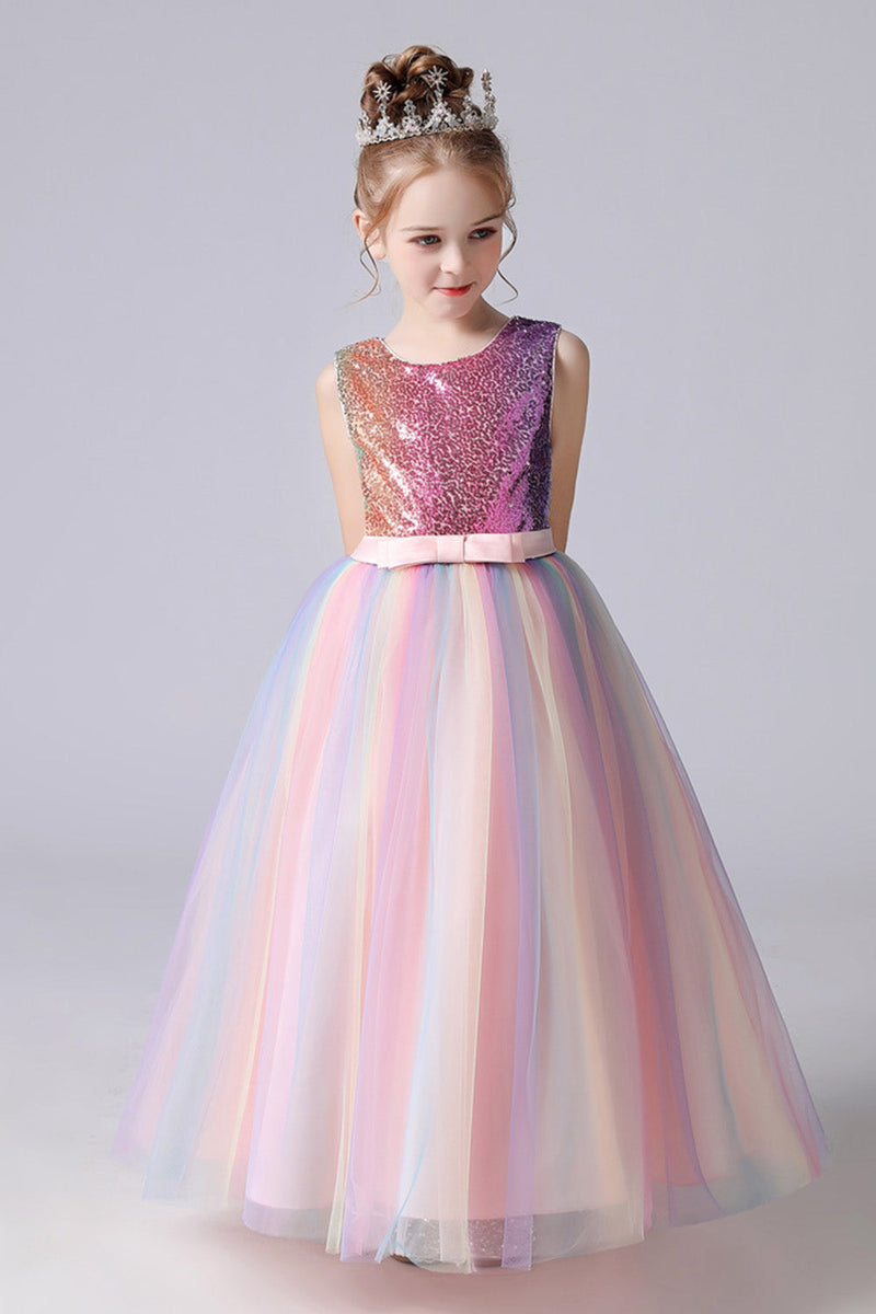 Load image into Gallery viewer, A-Line Sparkly Pink Paljetter Kids Girls &#39;kjole med buer