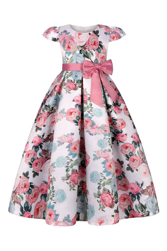 Blush Print Floral Long Girls 'Dress med Bowknot
