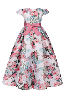 Blush Print Floral Long Girls 'Dress med Bowknot