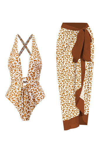 One Piece Leopard Print Brown Bikini Sett med Beach skjørt