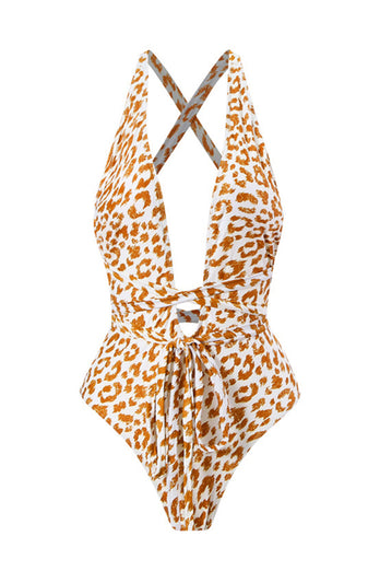 One Piece Leopard Print Brown Bikini Sett med Beach skjørt