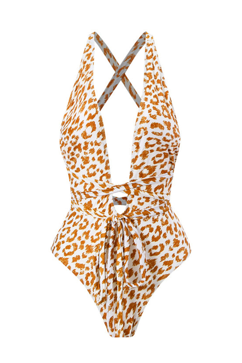 Load image into Gallery viewer, One Piece Leopard Print Brown Bikini Sett med Beach skjørt