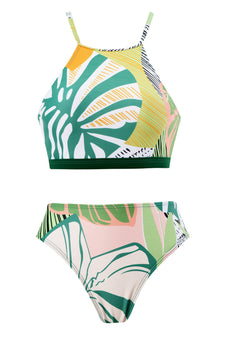 Todelt grønt trykt bikinisett med strandskjørt