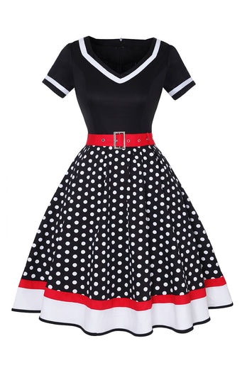 Svart V-hals Polka Dots 1950-tallet kjole
