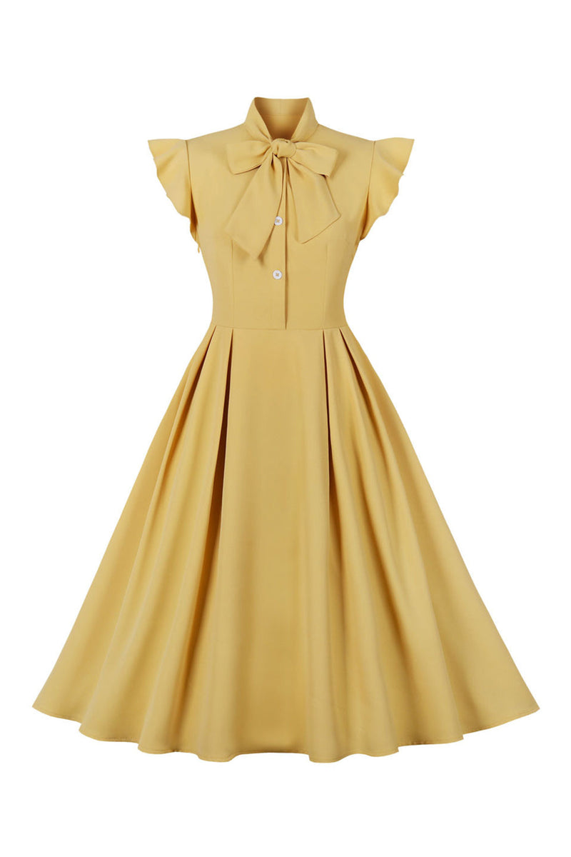 Load image into Gallery viewer, Gul Solid Swing 1950-tallet kjole med sløyfe