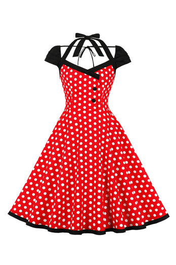 Red Polka Dots Halter Swing 1950-tallet kjole