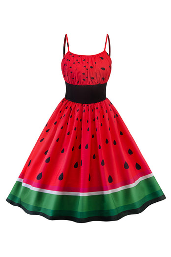 Rød vannmelon trykt vintage kjole fra 1950-tallet