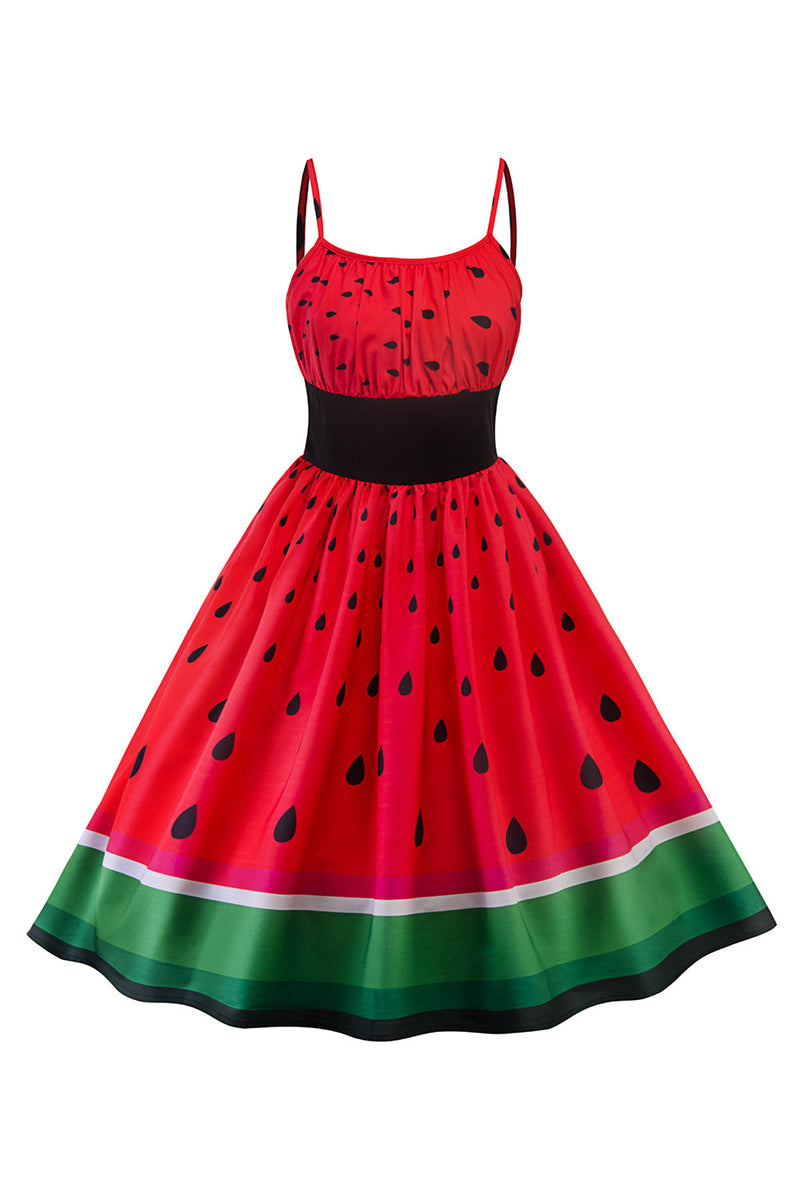Load image into Gallery viewer, Rød vannmelon trykt vintage kjole fra 1950-tallet