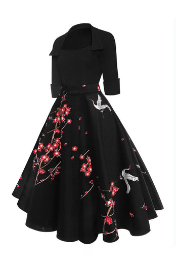 Svart blomsterkran trykt vintage kjole fra 1950-tallet