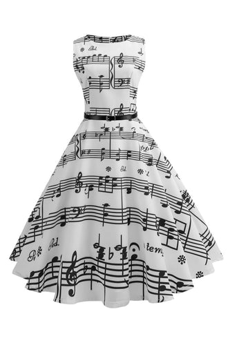 Hvit trykt swing 1950-tallet vintage kjole