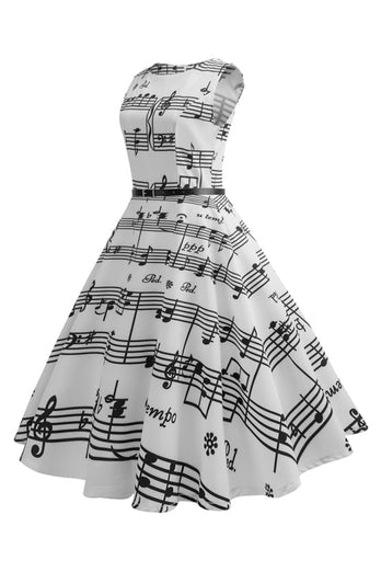Hvit trykt swing 1950-tallet vintage kjole