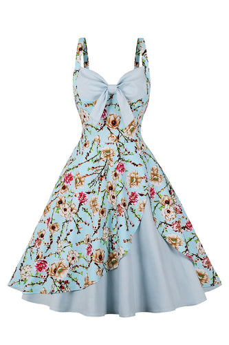 Blå blomst spaghetti stropper 1950-tallet kjole med sløyfe