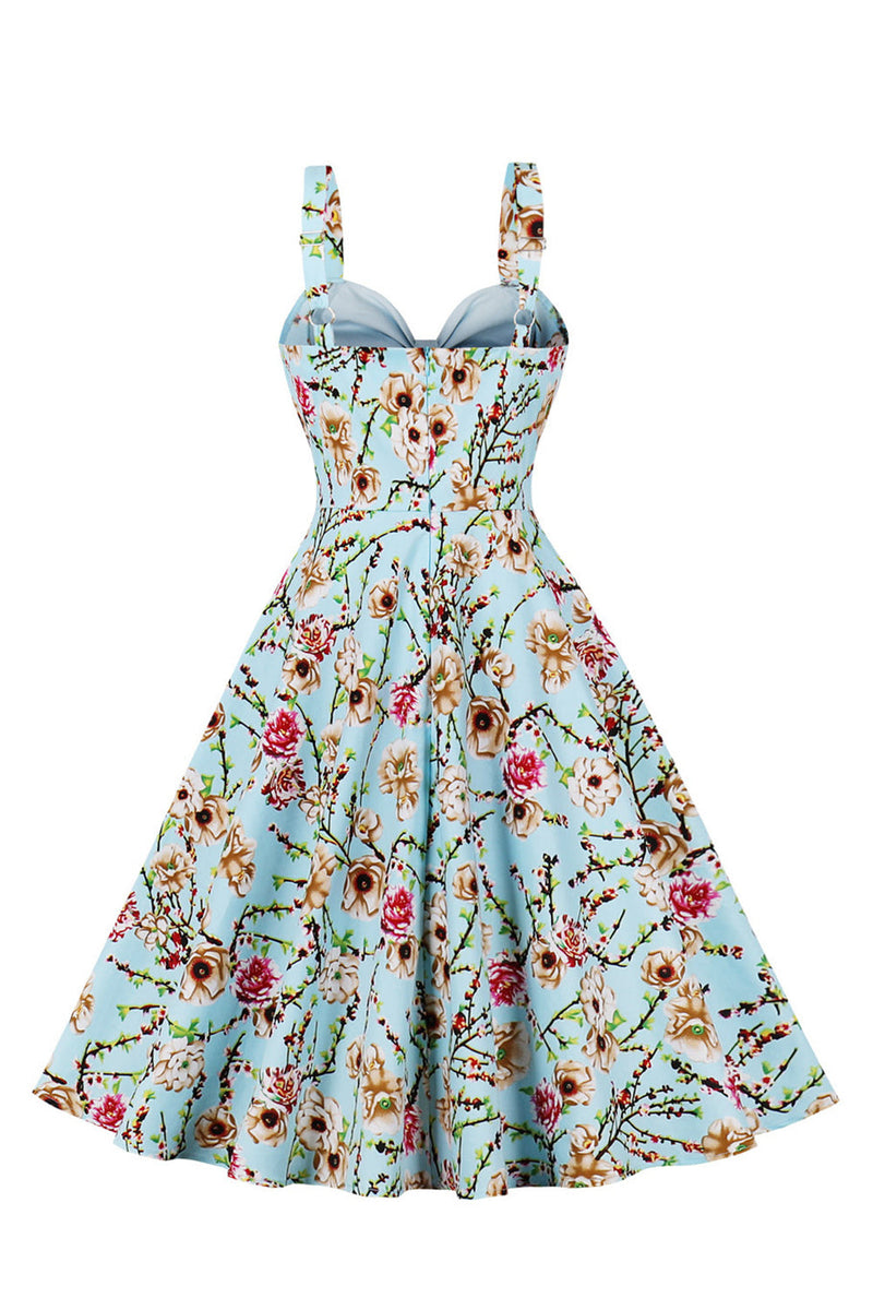 Load image into Gallery viewer, Blå blomst spaghetti stropper 1950-tallet kjole med sløyfe