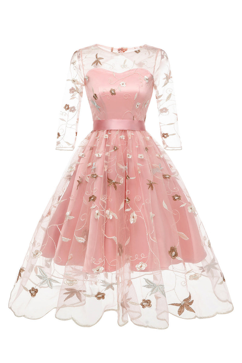 Load image into Gallery viewer, En linje firkantet hals rosa kjole fra 1950-tallet med halve ermer