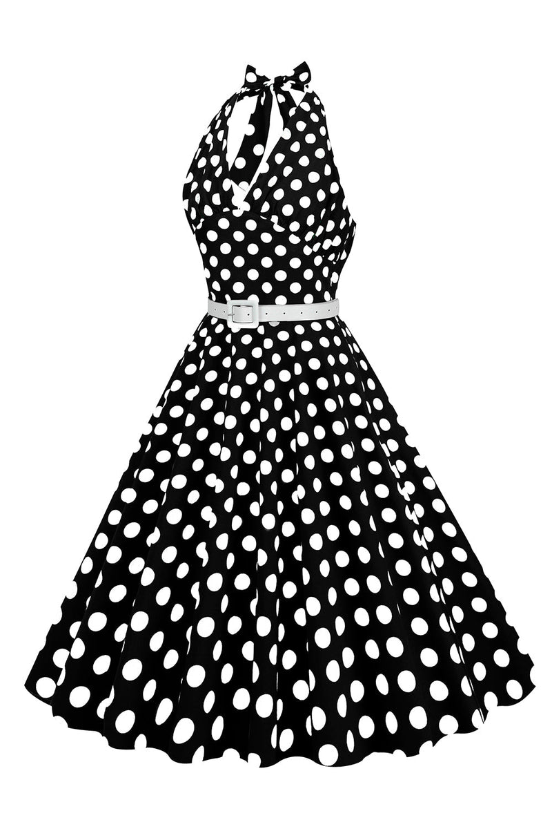 Load image into Gallery viewer, Hepburn Style Halter Neck Polka Dots Rød kjole fra 1950-tallet