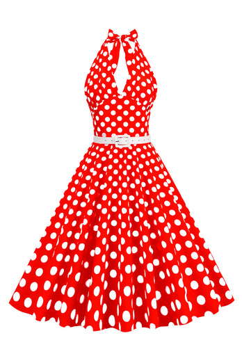 Hepburn Style Halter Neck Polka Dots Rød kjole fra 1950-tallet