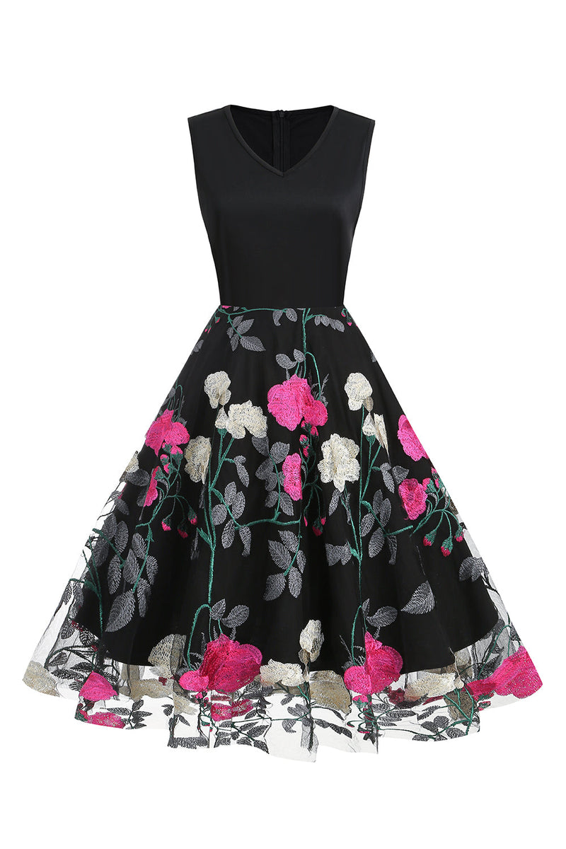 Load image into Gallery viewer, Fuchsia og svart vintage kjole fra 1950-tallet