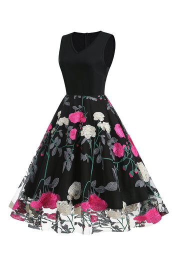Fuchsia og svart vintage kjole fra 1950-tallet
