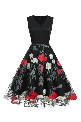 Fuchsia og svart vintage kjole fra 1950-tallet