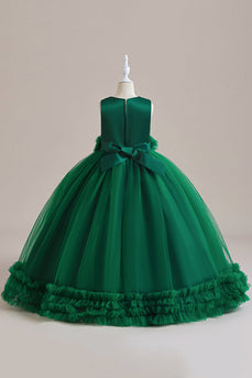 Ermeløs grønn tyll A Line Girl kjole med blonder