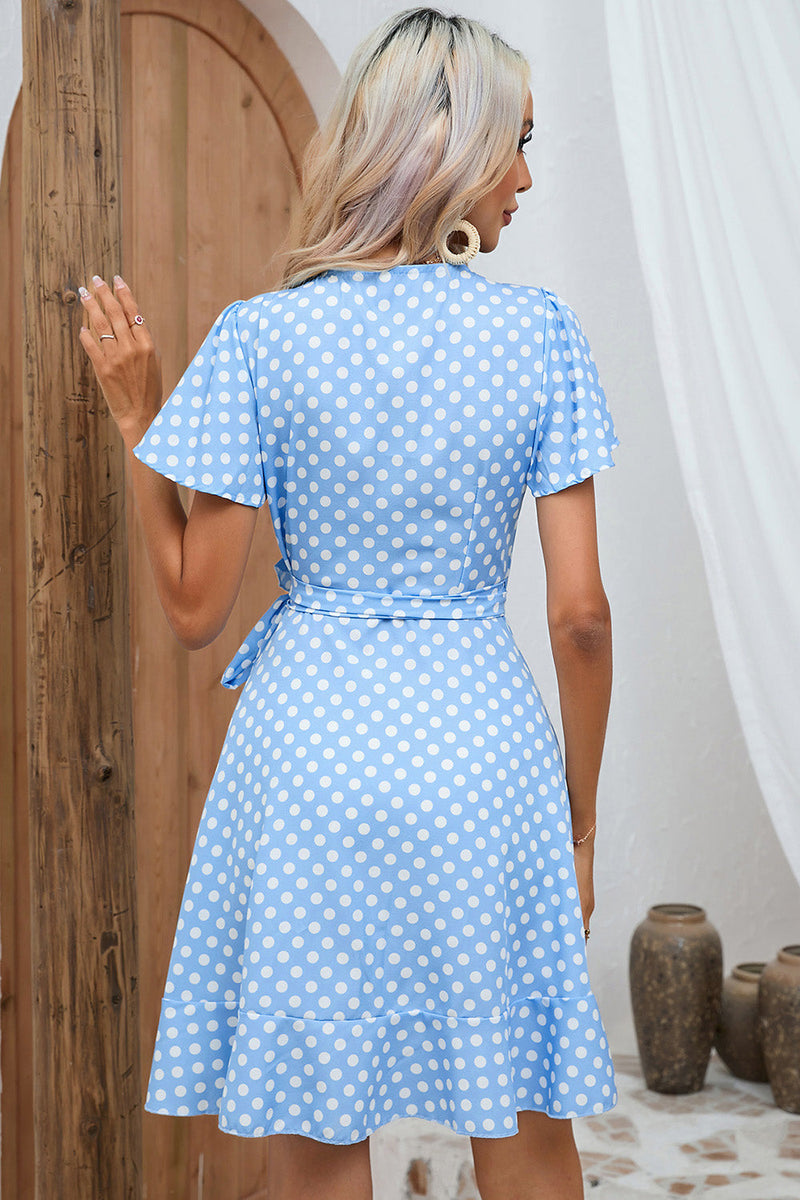 Load image into Gallery viewer, Blå Polka Dots Wrap Sommerkjole