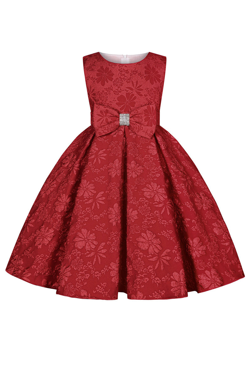 Load image into Gallery viewer, Søt juvel hals rosa jacquard jente kjole