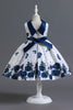 Load image into Gallery viewer, En linje juvel hals blå trykt jente kjole