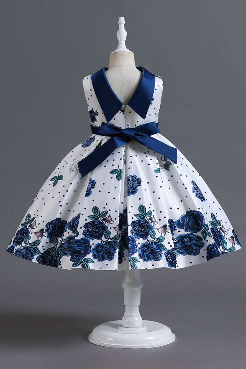 Load image into Gallery viewer, En linje juvel hals blå trykt jente kjole